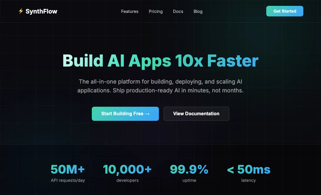 Dark-themed AI SaaS landing page with teal gradient