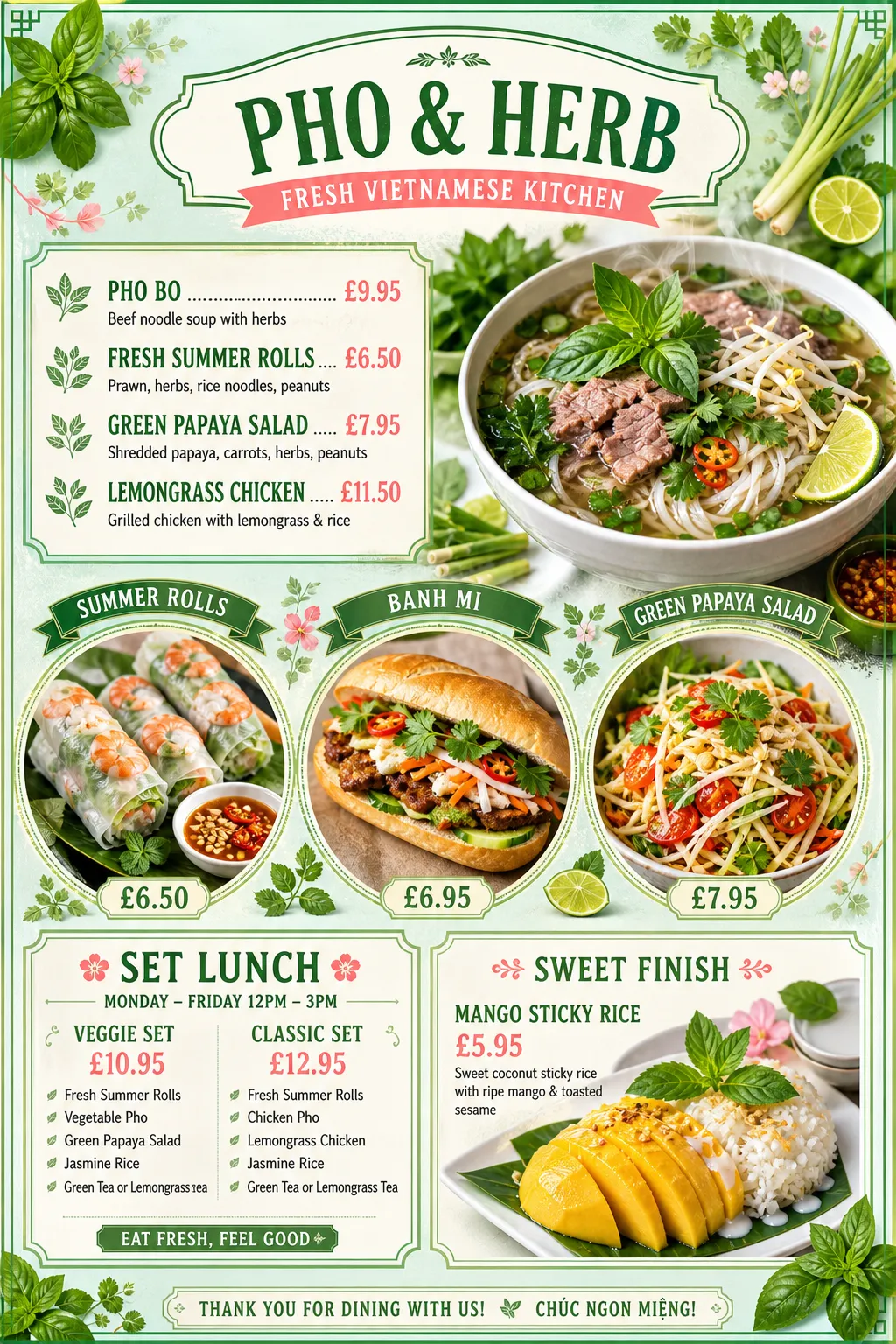 Fresh Vietnamese herb restaurant menu with glossy food photos