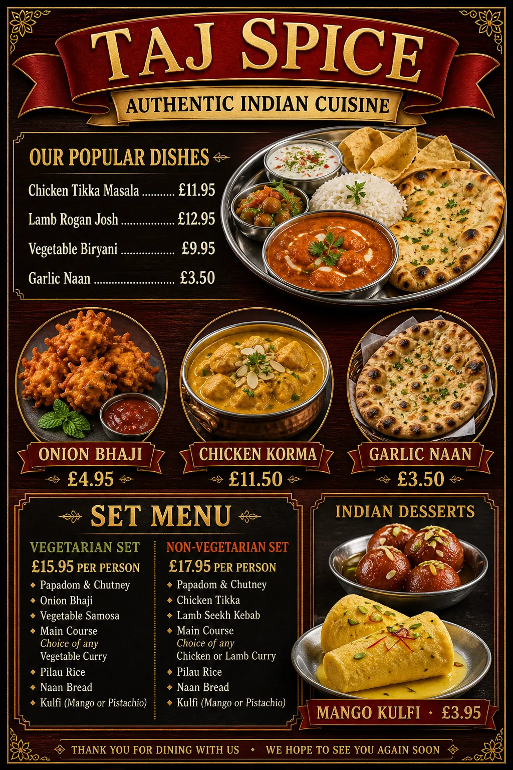 Indian restaurant menu with glossy food photos