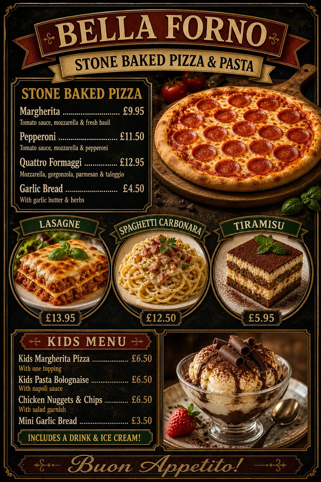 Pizza restaurant menu with glossy food photos